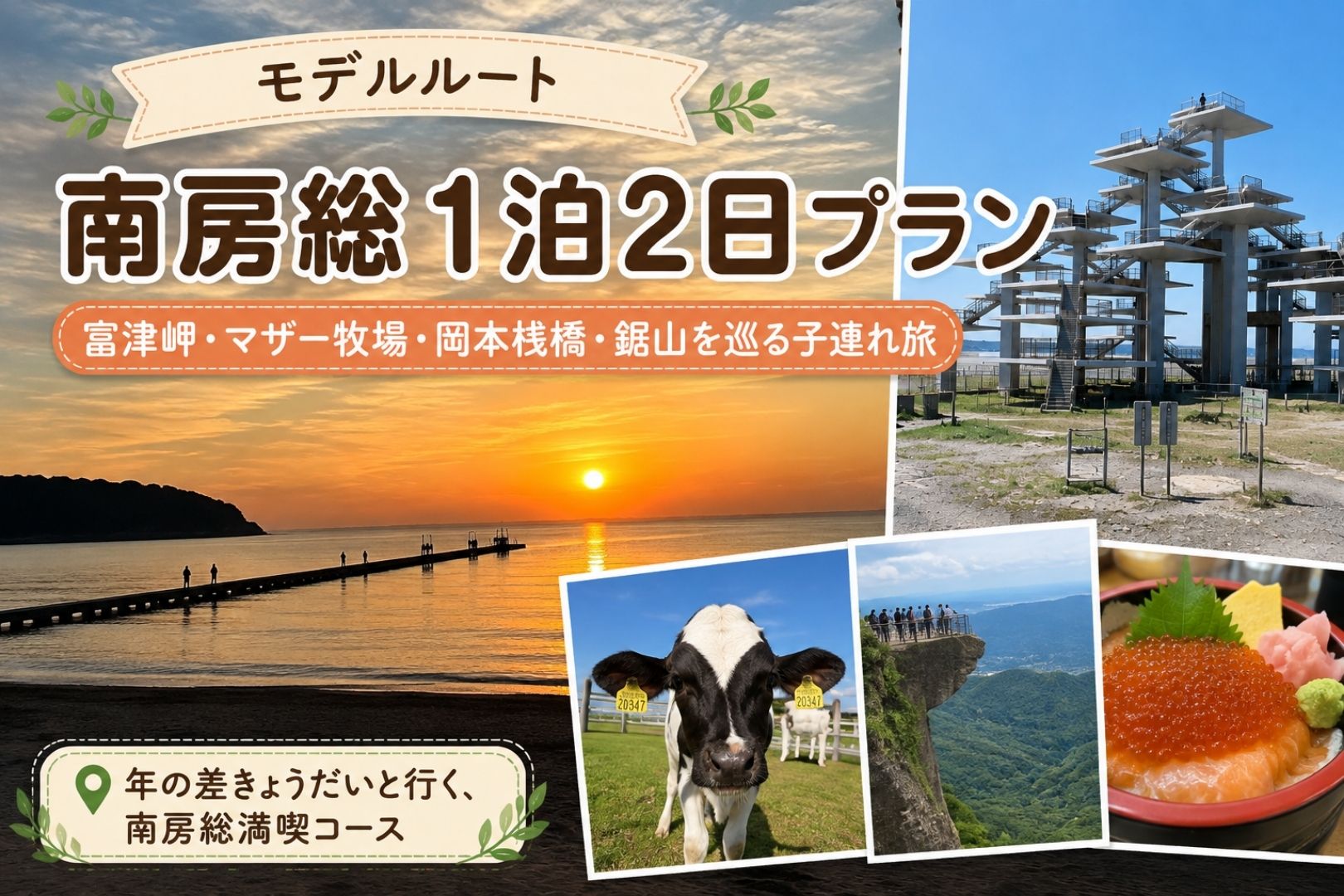 南房総1泊2日子連れ旅モデルルート、富津岬・マザー牧場・岡本桟橋・鋸山を巡るコース