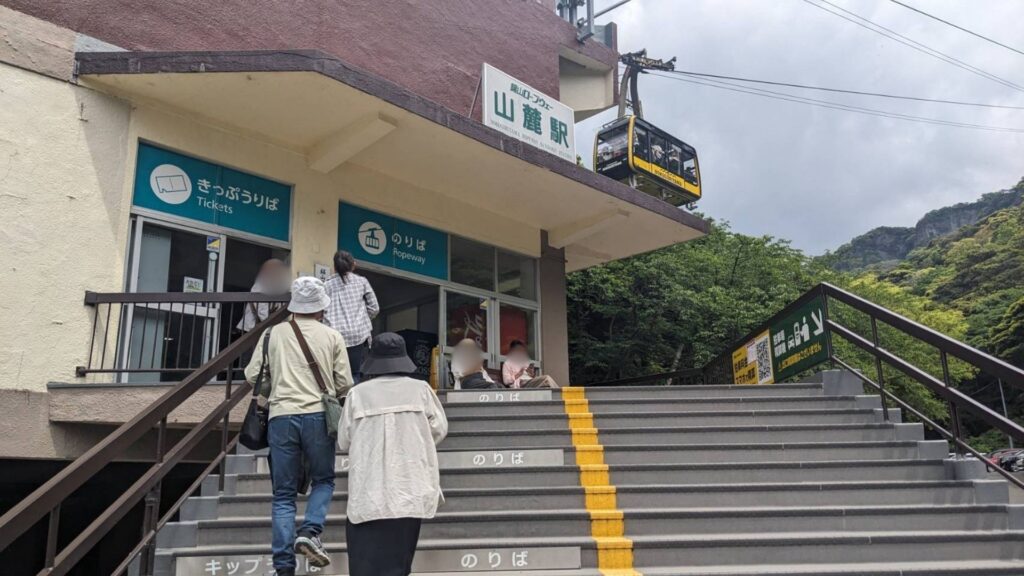 鋸山ロープウェイ山麓駅の乗り場、階段を上る利用者の様子
