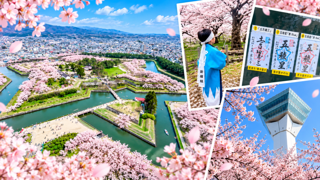 函館・五稜郭公園と五稜郭タワー|桜満開の星形要塞の空撮風景と、新選組衣装で御朱印めぐりをする子どもの様子をまとめたコラージュ画像
