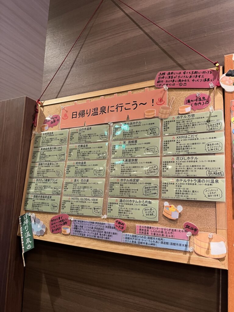 館内に掲示された函館市内の日帰り温泉施設の案内ボード